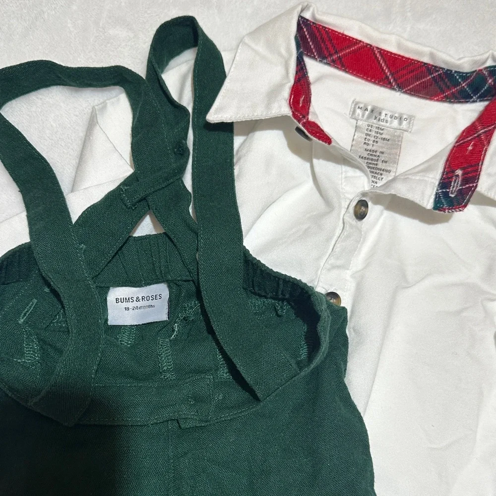 NWOT Bums & Roses green bamboo/linen mix suspender & collared onesie 18/24mo